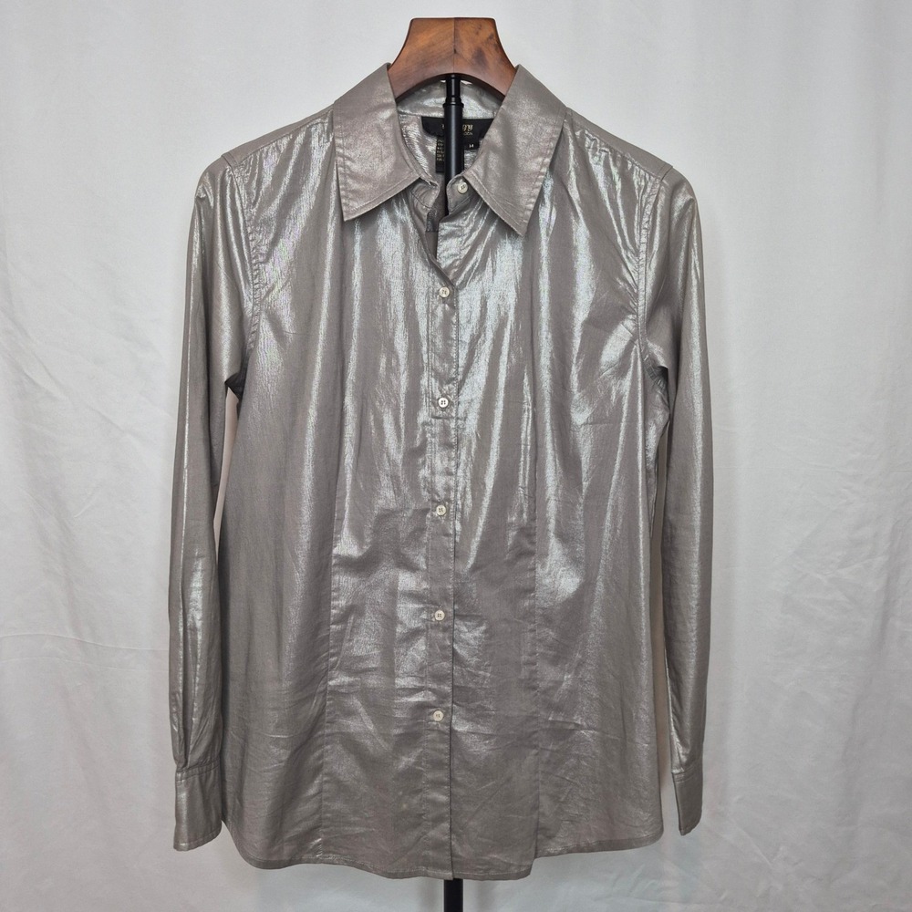 Twiggy London Vintage Y2K Metallic Silver Cotton Button Up Shirt Long Sleeve M